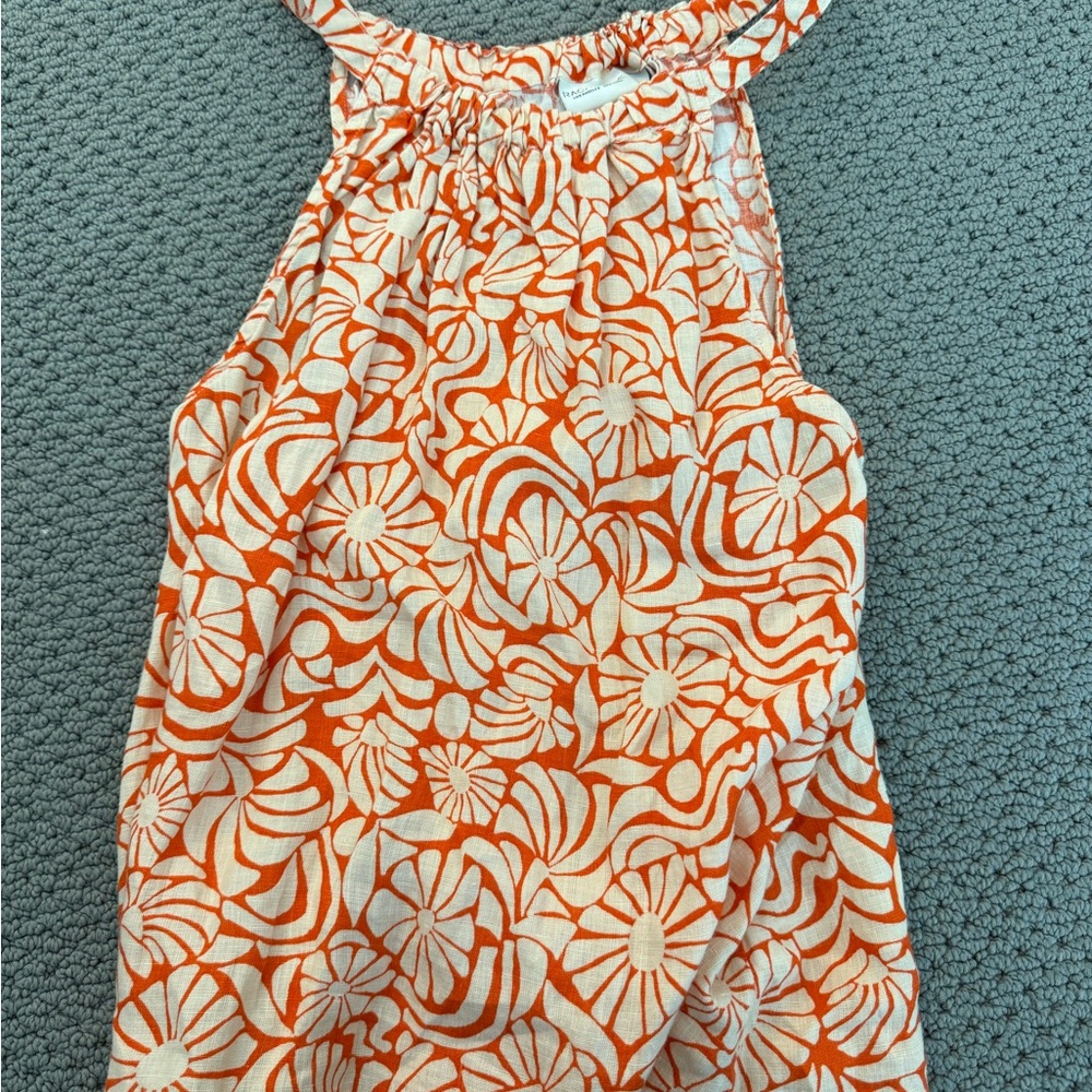 Rachel Zoey orange flower print linen flowy halter top. 100% Linen, Size L
